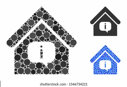 Hint building mosaic of small circles in different sizes and color tinges, based on hint building icon. Vector small circles are grouped into blue mosaic.
