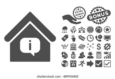 Hint Building pictograph with bonus elements. Vector illustration style is flat iconic symbols, gray color, white background.