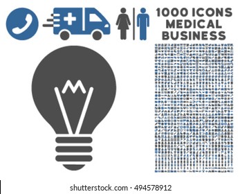 Hint Bulb icon with 1000 medical commercial cobalt and gray vector pictograms. Design style is flat bicolor symbols, white background.