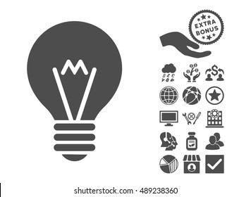 Hint Bulb icon with bonus pictures. Vector illustration style is flat iconic symbols, gray color, white background.