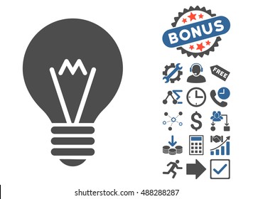 Hint Bulb pictograph with bonus images. Vector illustration style is flat iconic bicolor symbols, cobalt and gray colors, white background.
