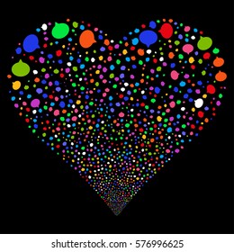 Hint fireworks with heart shape. Vector illustration style is flat bright multicolored iconic symbols on a black background. Object heart done from random pictographs.