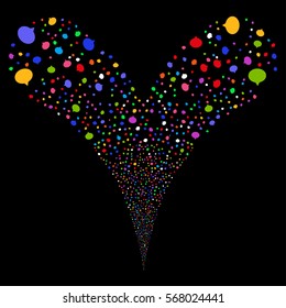 Hint fireworks stream. Vector illustration style is flat bright multicolored iconic symbols on a black background. Object double fountain done from random symbols.