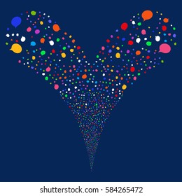 Hint fireworks stream. Vector illustration style is flat bright multicolored iconic symbols on a blue background. Object double fountain created from random design elements.