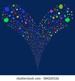 Hint fireworks stream. Vector illustration style is flat bright multicolored iconic symbols on a blue background. Object double fountain combined from random symbols.