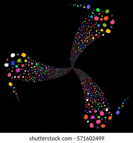 Hint fireworks swirl rotation. Vector illustration style is flat bright multicolored iconic symbols on a black background. Object twirl combined from random pictographs.