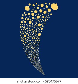 Hint random fireworks stream. Vector illustration style is flat yellow iconic symbols on a blue background. Object fountain organized from scattered symbols.
