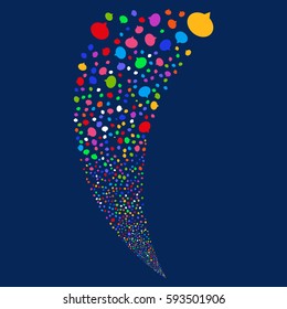 Hint random fireworks stream. Vector illustration style is flat bright multicolored iconic symbols on a blue background. Object fountain done from scattered symbols.