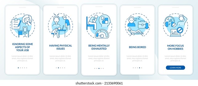 Hints you are in wrong profession blue onboarding mobile app screen. Walkthrough 5 steps graphic instructions pages with linear concepts. UI, UX, GUI template. Myriad Pro-Bold, Regular fonts used