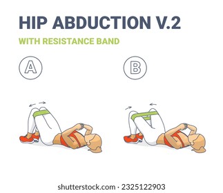 Hip Abduction with Resistance Band Exercise Guide in 2 Steps. Fitness Girl Training Her Thighs with Circle Hoop Booty Band. Vector Illustration Isolated on White Background.