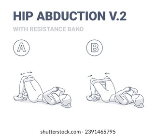 Hip Abduction with Resistance Band Exercise Guide in 2 Steps. Fitness Girl Training Her Thighs with Circle Hoop Booty Band. Vector Outlined Black and Wite Illustration.