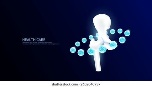 Hip anatomy with medical icon sign symbol inside glowing ball surrounded. Human spinal bone organ on dark blue background. Medical science health care concept. Banner Vector.