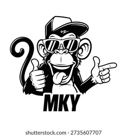 A hip and cool monkey wearing sunglasses and a baseball cap, giving a thumbs-up gesture with a playful tongue out.