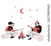 A hip couple is camping. Roasting marshmallows, playing guitar, relaxing atmosphere. Hand drawn vector illustration doodle style.