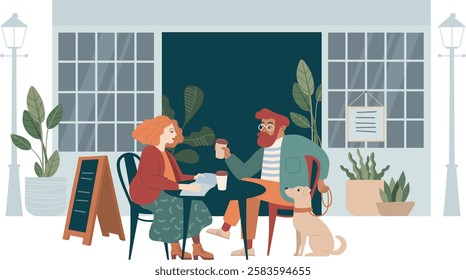 Hip couple sitting at a café terrace, sharing a coffee and a good read. flat vector illustration