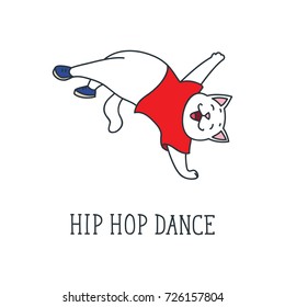 Hip Hip Dance. Doodle vector illustration of funny hip hop dancing cat wearing red t-shirt