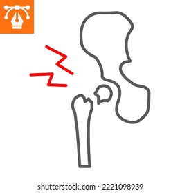 Icono de línea de fractura de cadera, icono de estilo de contorno para sitio web o aplicación móvil, pelvis y dolor, icono de vector de fractura ósea, ilustración vectorial simple, gráficos vectoriales con trazos editables.