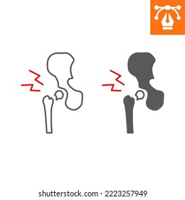 Hip fracture line and solid icon, outline style icon for web site or mobile app, pelvis and pain ,bone fracture vector icon, simple vector illustration, vector graphics with editable strokes.