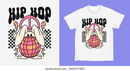 Hip hop 90s Retro easter groovy cartoon character, easter t shirt design vector. Hippie easter illustration for print