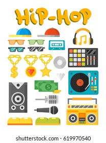 Hip hop accessory musician with microphone breakdance expressive rap symbols vector illustration.