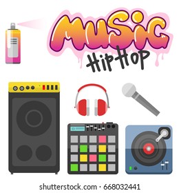 Hip hop accessory musician with microphone breakdance expressive rap symbols vector illustration.