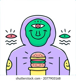 Hip hop alien in hoodie with burger illustration. Vector graphics for t-shirt prints and other uses.
