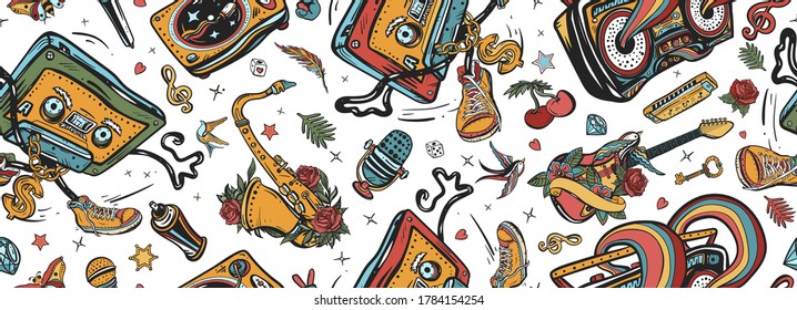 Hip hop art. Musical street culture. Boom box, vinyl, microphone, saxophone and guitar. Funny background. Old school music. Seamless pattern. Audio cassette dances break dance 