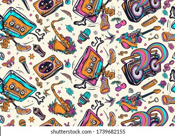 Hip Hop Art. Old School Music. Seamless Pattern. Audio Cassette Dances Break Dance. Musical Street Culture. Boom Box, Vinyl, Microphone, Saxophone And Guitar. Funny Background 