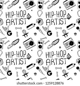 Hip hop artist. Hip hop doodle pattern with rap attributes