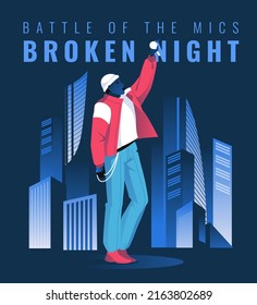 Hip hop artist on a background of dark night city with skyscrapers. Flat vector illustration