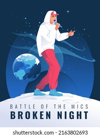 Hip hop artist on a background of starry sky, cosmic landscape, earth and planets standing on the surface of the moon. Nightclub. Flat vector illustration