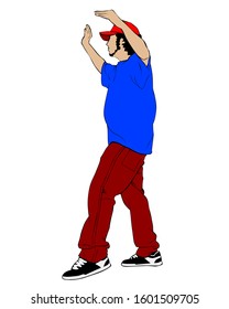 Hip hop artists in trendy colorful clothes. Isolated silhouettes of people on a white background