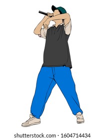 Hip hop artists whit microphone in trendy colorful clothes. Isolated silhouettes of people on white background