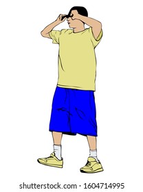 Hip hop artists whit microphone in trendy colorful clothes. Isolated silhouettes of people on white background