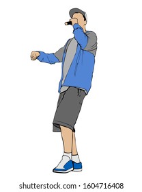 Hip hop artists whit microphone in trendy colorful clothes. Isolated silhouettes of people on white background