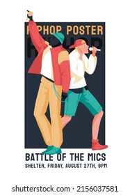 hip hop battle microphones. Two musicians on stage. Subculture. Flyer design, club events posters