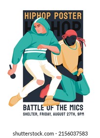 hip hop battle microphones. Two musicians on stage. Subculture. Flyer design, club events posters