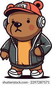 A hip hop bear in a jacket with headphones, vector illustration