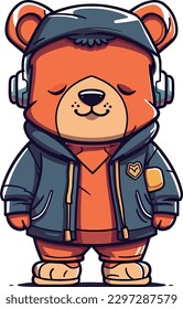 Un oso de hip hop en una chaqueta con auriculares, ilustración vectorial