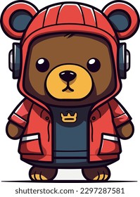 A hip hop bear in a red trench coat, vector illustration
