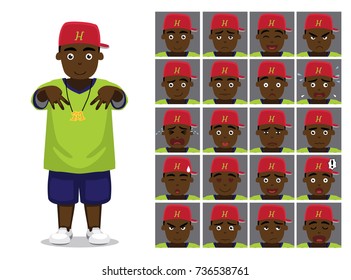 Hip Hop Black Boy Cartoon Emotion faces Vector Illustration