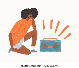 Hip hop black women posing and dancing near audio speakers illustration in vector. 