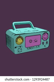 Hip hop boombox vintage music vector. Electronic musical instrument colored isolated illustration