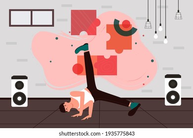 Hip hop boy dancer dancing breakdance to street urban music vector illustration. Cartoon young man character jumping in grunge studio or club room interior, freestyle break dance motion background