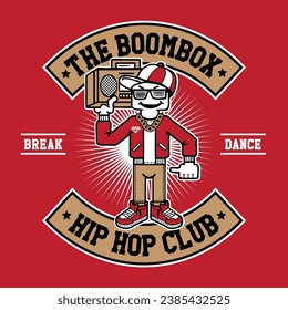 Hip Hop Boy Mascot Character Design Hand Drawing Vector Illustration in Patch Design The Boombox Hip Hop Club