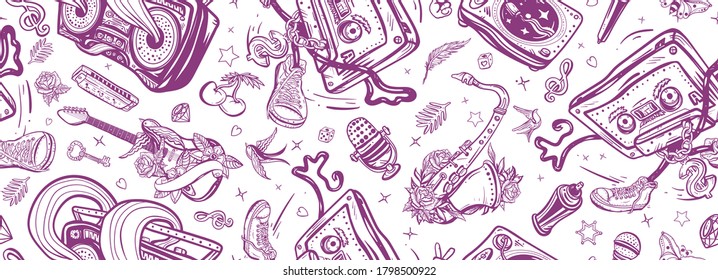 Hip hop and break dance art. Old school retro music. Seamless pattern. Audio cassette dances. Musical street culture. Boom box, vinyl, microphone, saxophone and guitar. Funny background