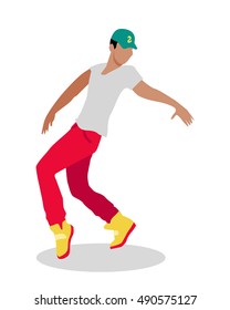 Hip hop and break street dancer. Street dance concept flat design. Vernacular dances in urban context. Culture and entertainment. Dance style evolved outside studios in available open space. Vector