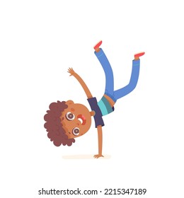 Hip hop or breakdance dancer kid vector illustration. Cartoon isolated cute active boy dancing fun street dance with jumps and movements, hiphop handstand activity of talent little happy child