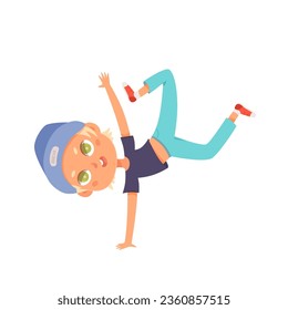 Hip hop or breakdance dancer kid vector illustration. Cartoon isolated cute active boy dancing fun street dance with jumps and movements, hiphop handstand activity of talent little happy child.