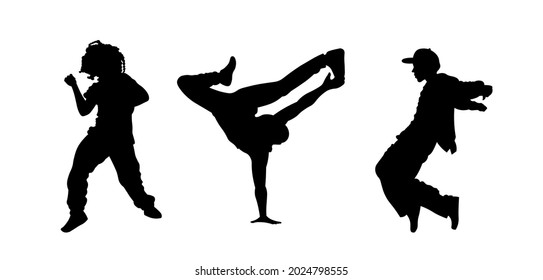 Hip hop, breakdance, house, street dancers silhouette vector